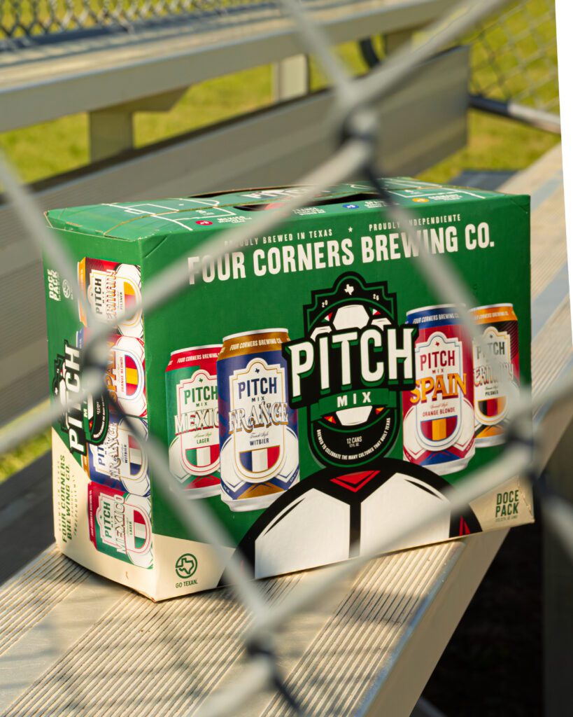 Pitch Mix World Cup beer release packaging from Four Corners Brewing Co. featuring the four-beer variety pack