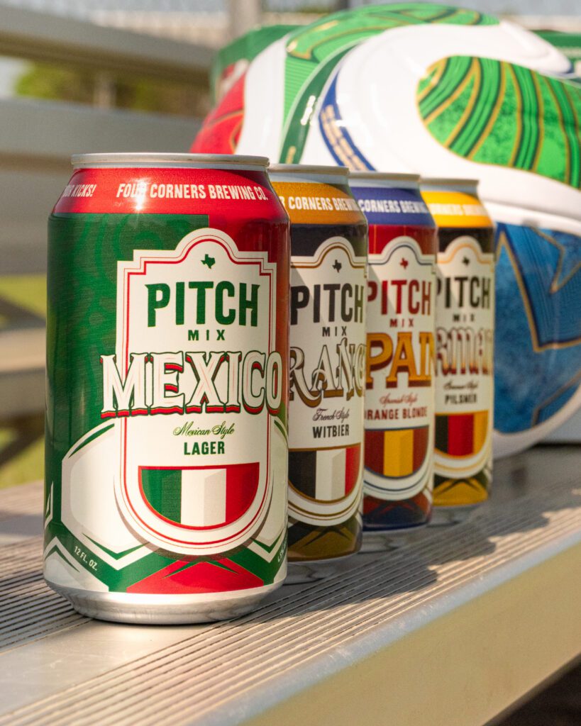 Four Corners Brewing Co. Pitch Mix World Cup beer variety pack featuring four internationally inspired beers with a soccer ball in the background