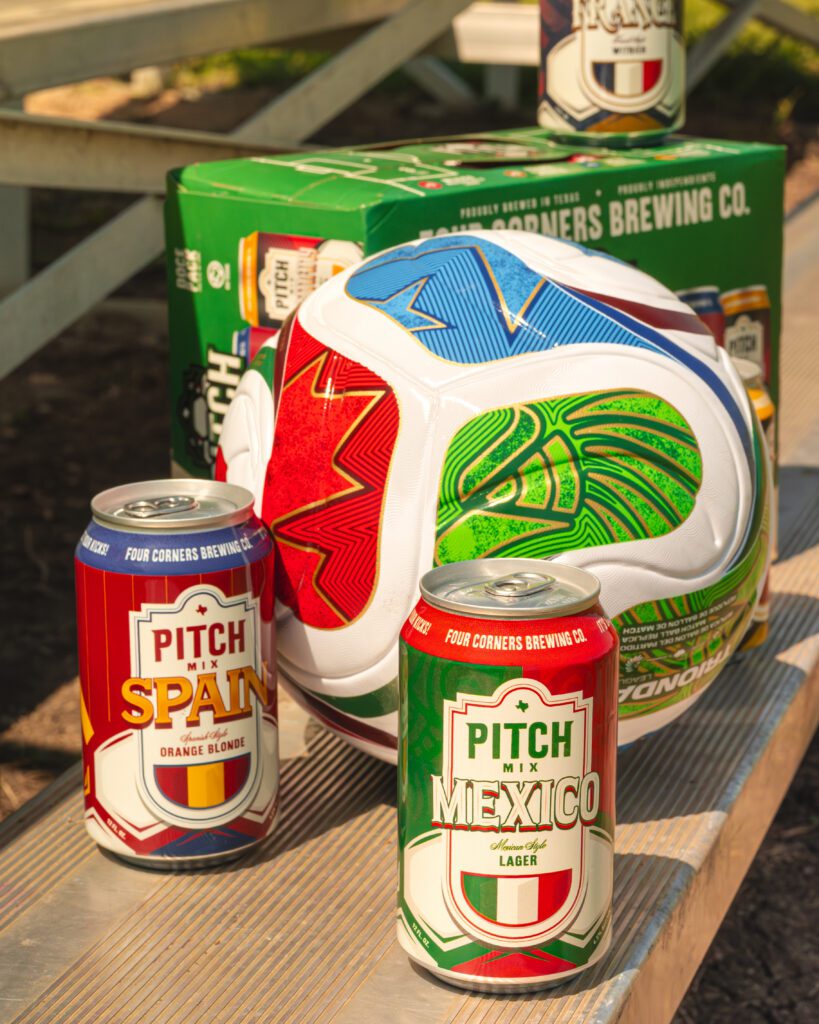 Pitch Mix beer cans from Four Corners Brewing Co. featuring Spanish orange blonde and Mexican-style lager with packaging and a soccer ball
