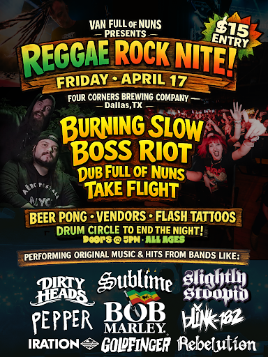 The event post for the Reggae Rock Nite concert at Four Corners Brewing Co. and April 17th.