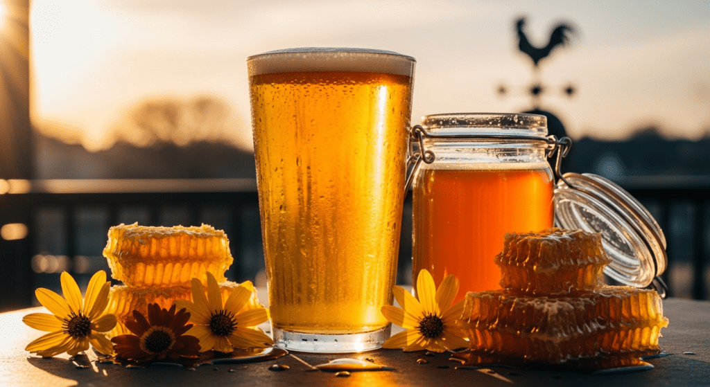 Pint glass of golden honey blonde ale surrounded by honeycomb, a jar of raw honey, and yellow wildflowers at golden hour