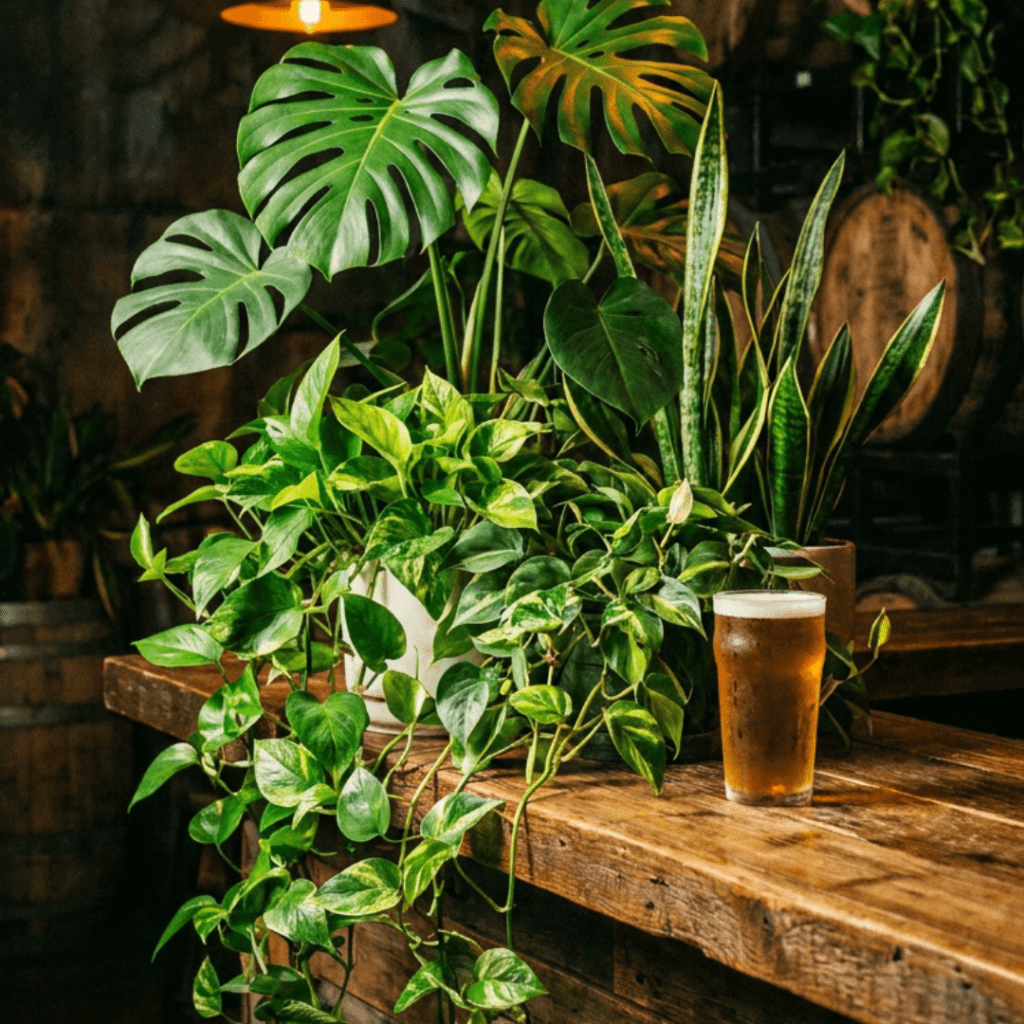 Pint of golden ale on a rustic wood bar surrounded by monstera, pothos, and snake plants in a warmly lit brewery