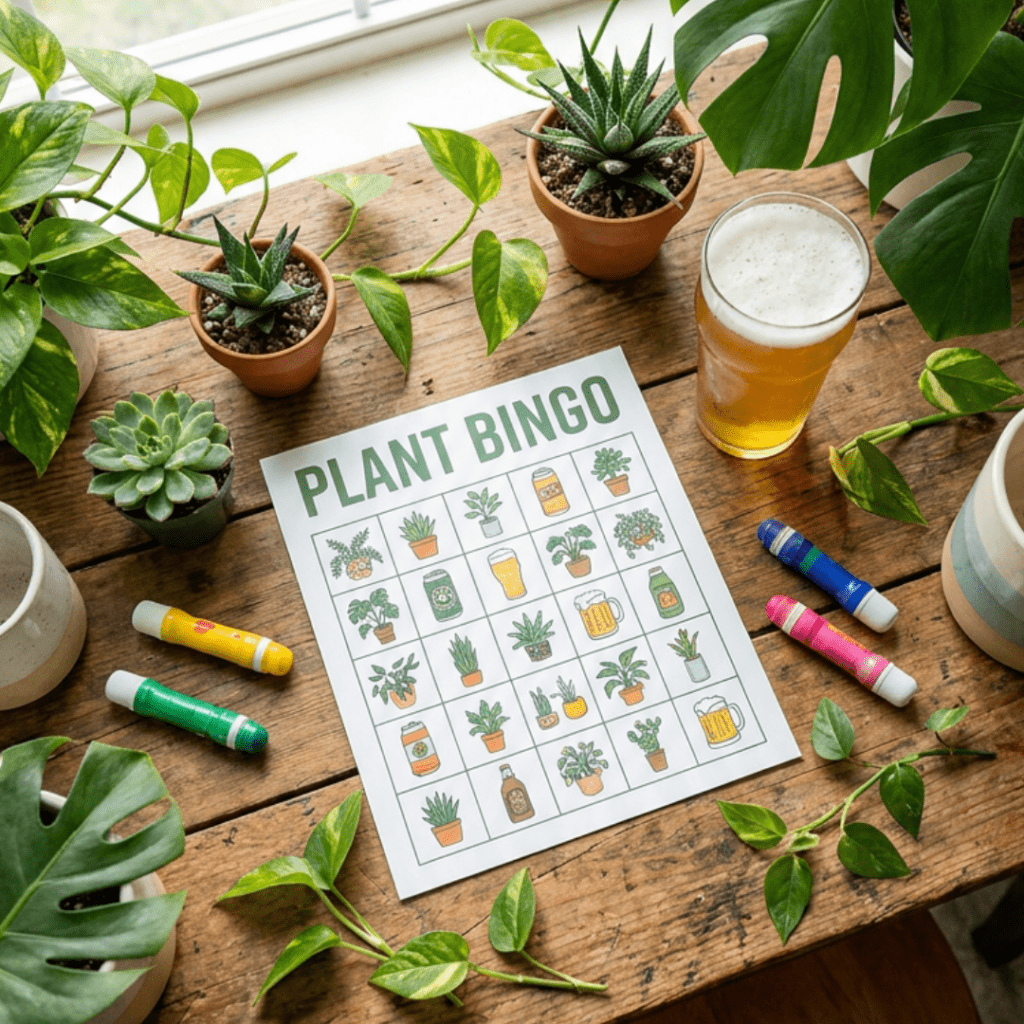 Plant Bingo card and bingo daubers on a rustic wood table surrounded by succulents, monstera, and a pint of beer