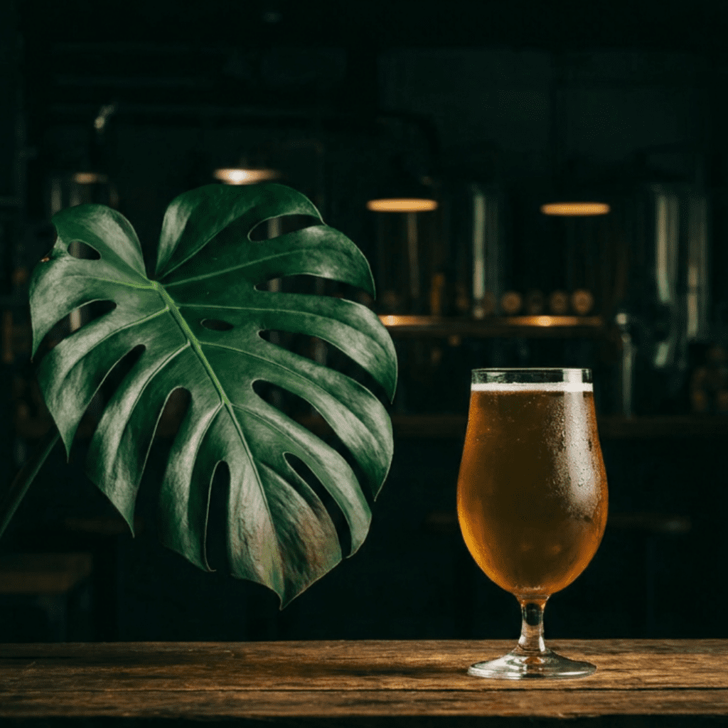 Tulip glass of golden ale on a wood bar beside a monstera leaf with brewery tanks softly lit in the background