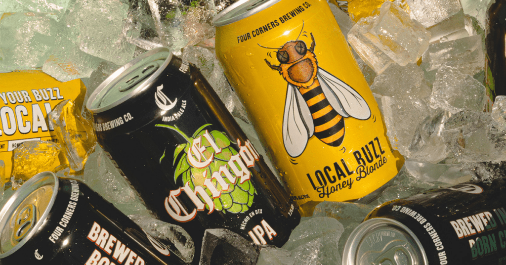 Four Corners Brewing Co. El Chingón IPA and Local Buzz Honey Blonde cans on ice alongside additional core lineup cans