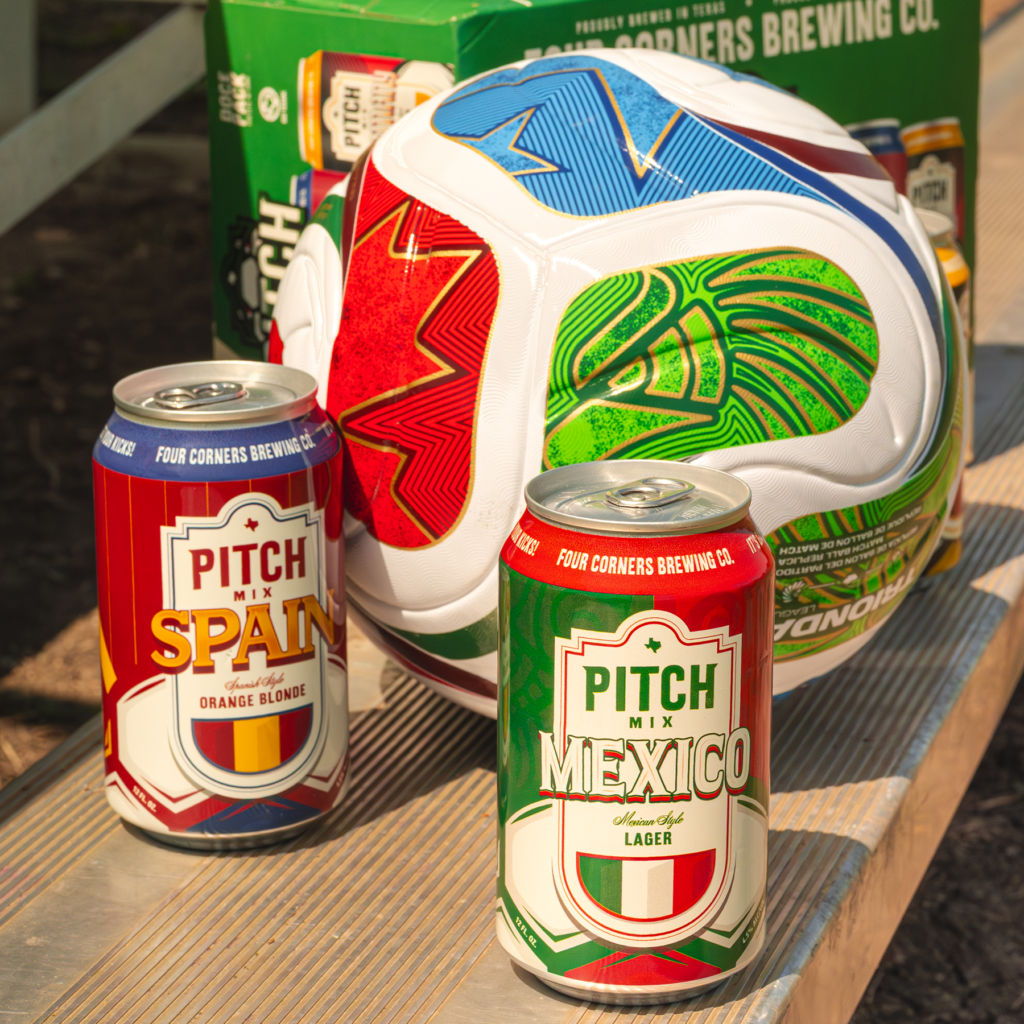 Pitch Mix Spain Orange Blonde and Mexico Lager cans on bleachers next to a colorful soccer ball with the Pitch Mix box in the background