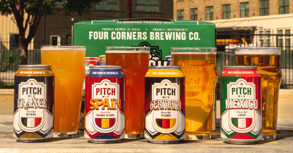 Four Corners Brewing Co. Pitch Mix full lineup — France Witbier, Spain Orange Blonde, Germany Pilsner, and Mexico Lager cans each paired with a poured pint glass outdoors with the Pitch Mix box