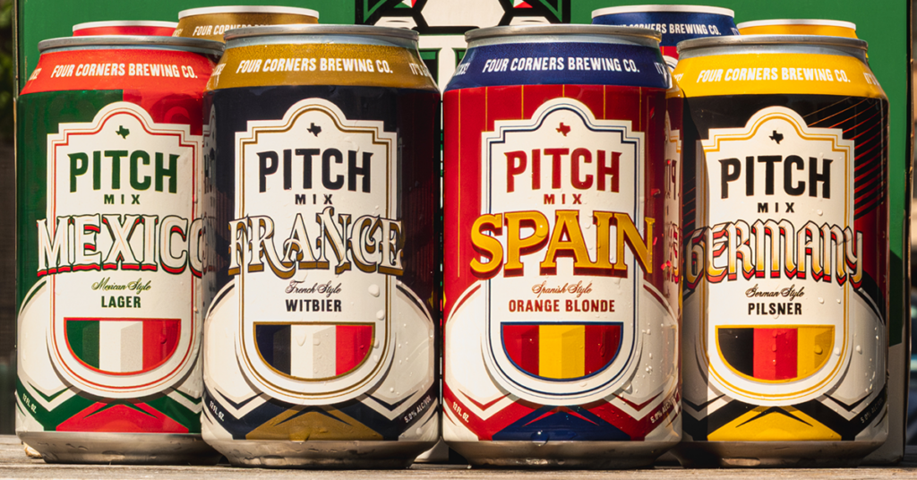 Four Corners Brewing Co. Pitch Mix Mexico, France, Spain, and Germany cans lined up side by side in front of the variety pack box