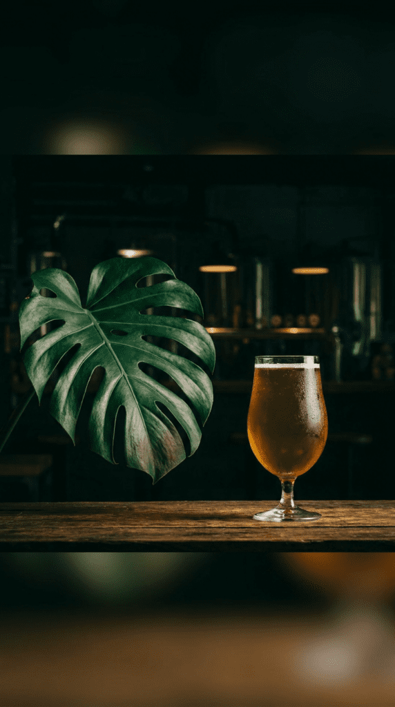 Tulip glass of golden ale on a wood bar beside a monstera leaf with brewery tanks softly lit in the background