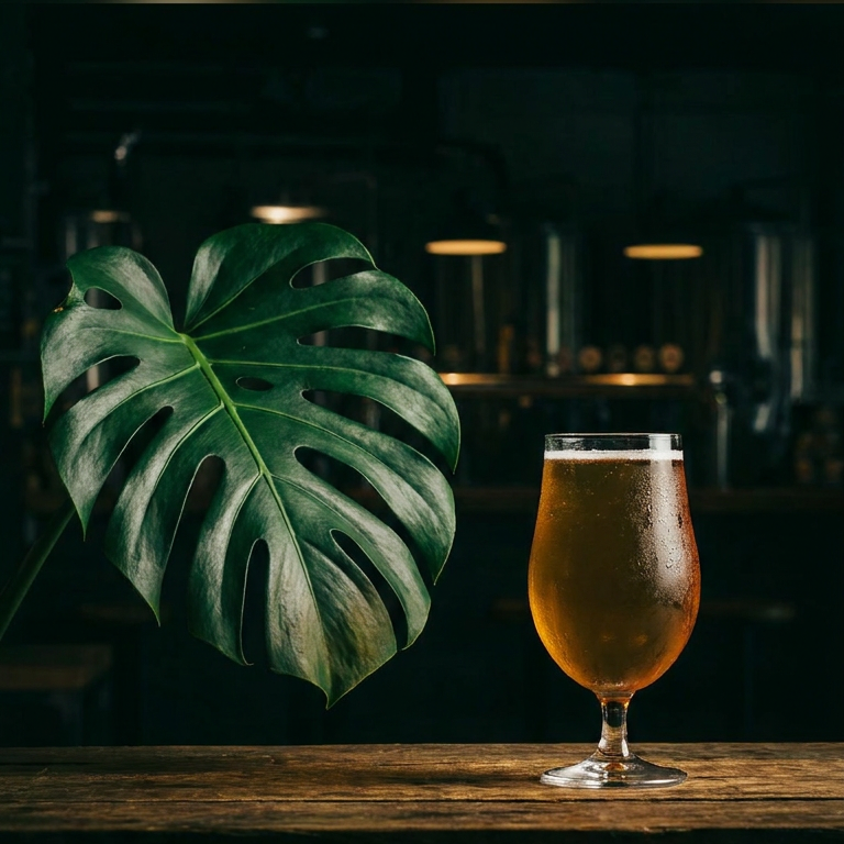 Tulip glass of golden ale on a wood bar beside a monstera leaf with brewery tanks softly lit in the background