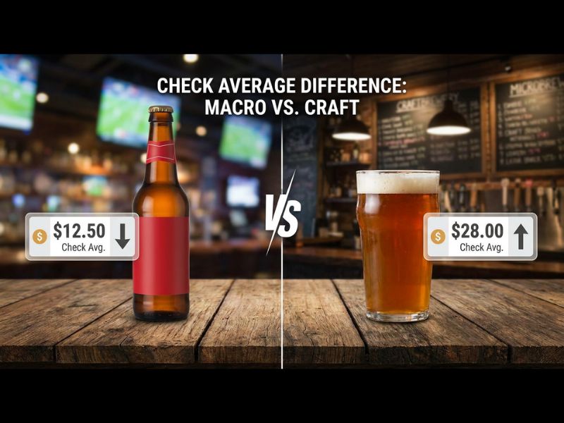 A side-by-side comparison graphic showing a generic macro beer bottle with a $12.50 check average versus a pint glass of craft beer with a $28.00 check average, set against a blurred bar background.