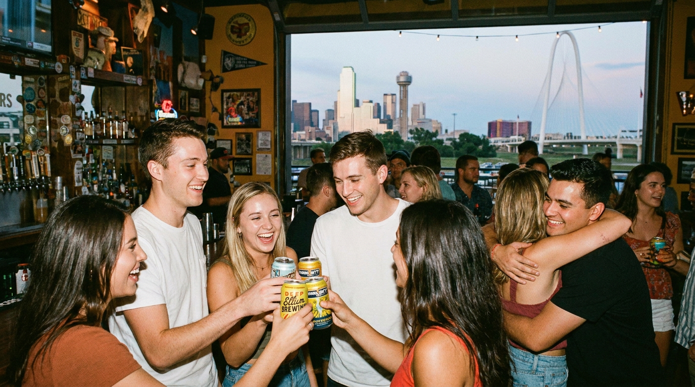 A group of young adults laughing and toasting beer cans inside a lively taproom, with the Dallas skyline — including Reunion Tower and the Margaret Hunt Hill Bridge visible through an open garage door at dusk.